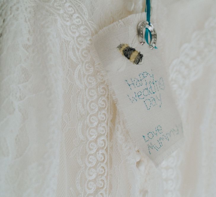 Hand stitched note to bride from mum