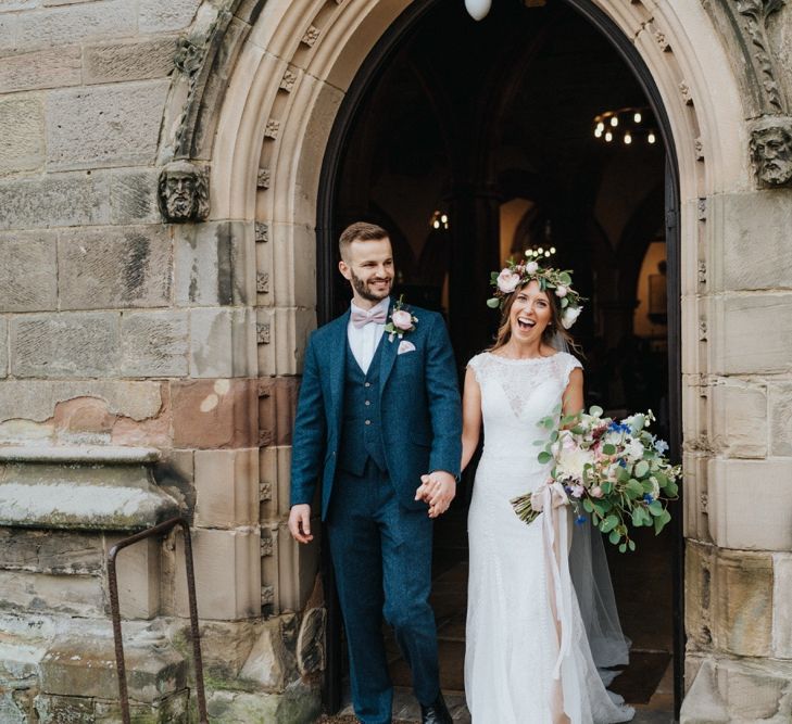 Bride and groom after church wedding ceremony