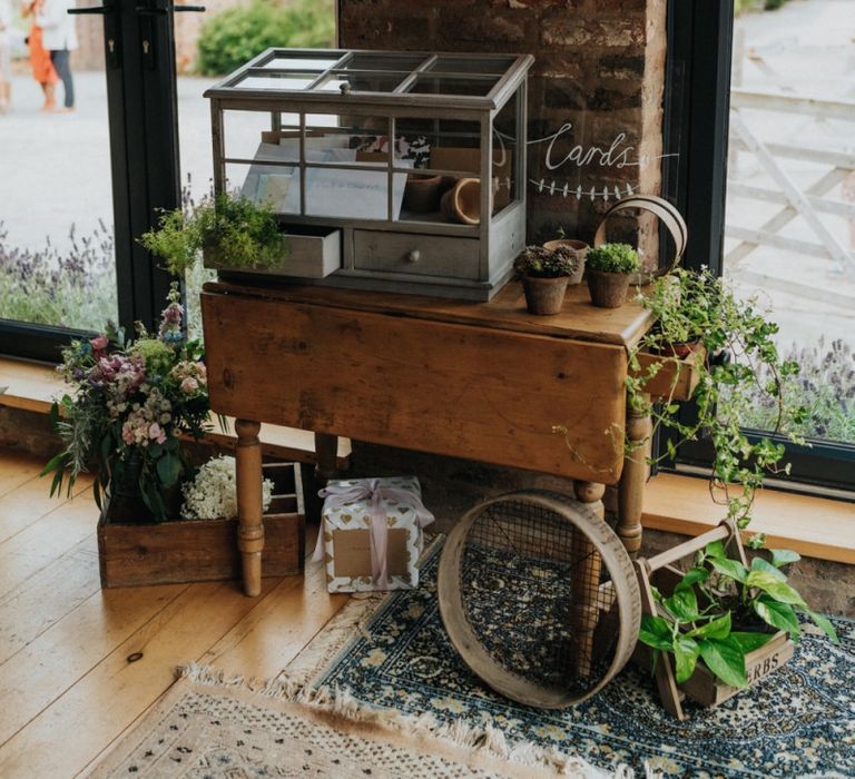 Card box and DIY wedding decor at rustic barn wedding