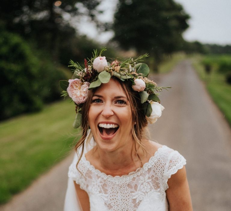 Flower crown and lace wedding dress