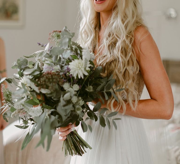 Boho Bride in Daarlarna Gown with Mermaid Hair &amp; Flower Crown | Outdoor Boho Wedding at Chateau le Tour, France | Adam and Grace Photography | Head and Heart Films