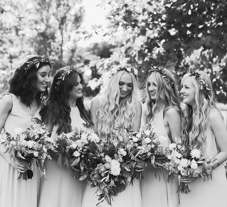 Bridal Party | Bride in Daalarna Bridal Gown | Bridesmaids in Show Me Your Mumu Dresses | Outdoor Boho Wedding at Chateau le Tour, France | Adam and Grace Photography | Head and Heart Films