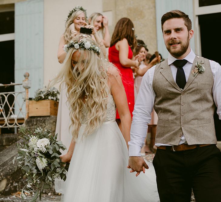 Boho Bride with Mermaid Hair  in Daalarna Bridal Gown | Groom in Waistcoat | Outdoor Boho Wedding at Chateau le Tour, France | Adam and Grace Photography | Head and Heart Films