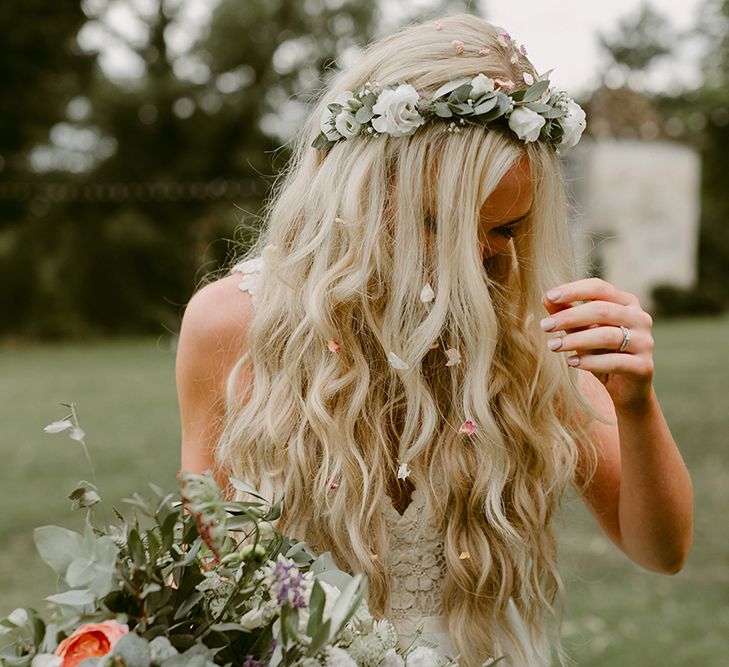 Boho Bride with Mermaid Hair  &amp; Flower Crown in Daalarna Bridal Gown | Outdoor Boho Wedding at Chateau le Tour, France | Adam and Grace Photography | Head and Heart Films