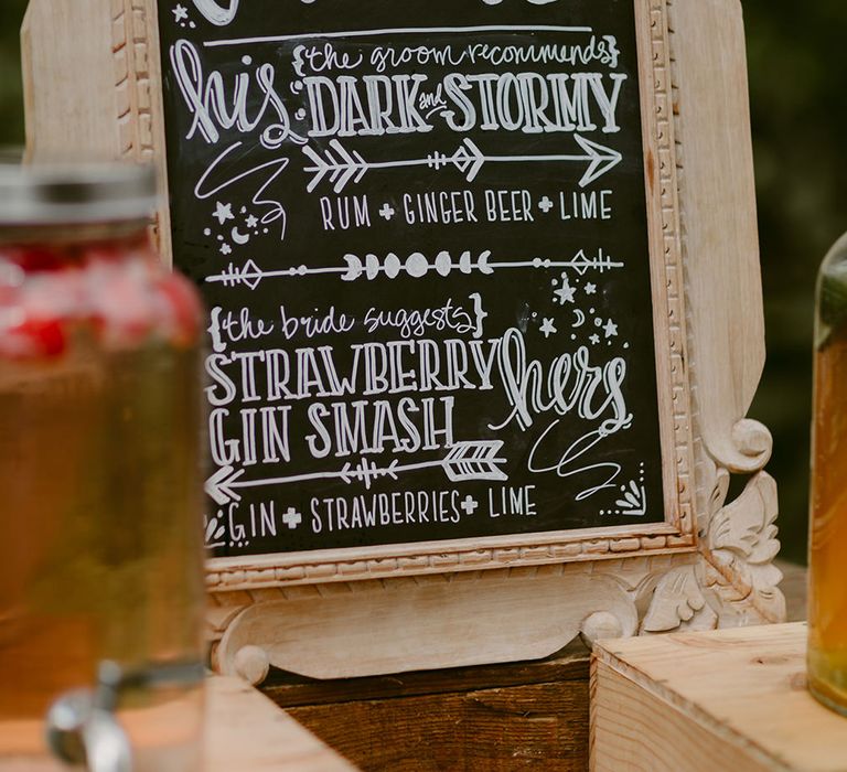 Chalkboard Cocktail Sign | Festoon Lit Outdoor Boho Wedding at Chateau le Tour, France | Adam and Grace Photography | Head and Heart Films