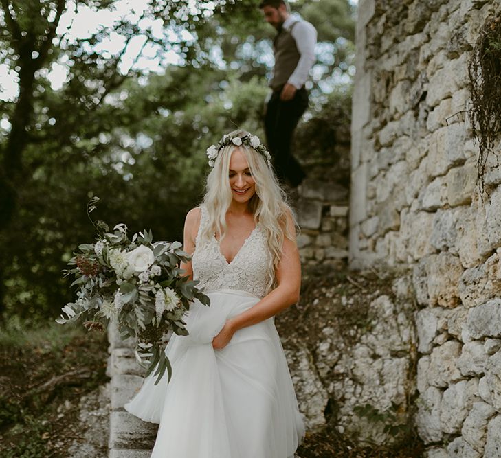 Boho Bride in Daarlarna Gown with Mermaid Hair &amp; Flower Crown | Outdoor Boho Wedding at Chateau le Tour, France | Adam and Grace Photography | Head and Heart Films