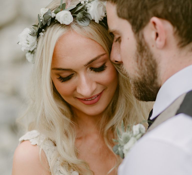 Bride in Daalarna Bridal Gown | Groom in Waistcoat | Festoon Lit Outdoor Boho Wedding at Chateau le Tour, France | Adam and Grace Photography | Head and Heart Films