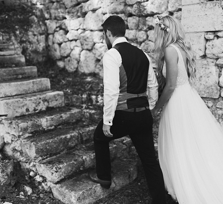 Bride in Daalarna Bridal Gown | Groom in Waistcoat | Festoon Lit Outdoor Boho Wedding at Chateau le Tour, France | Adam and Grace Photography | Head and Heart Films