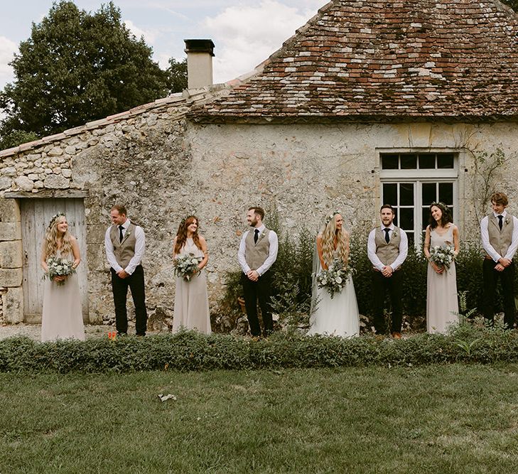 Wedding Party | Bride in Daalarna Bridal Gown | Bridesmaids in Show Me Your Mumu Dresses | Groomsmen in Waistcoats | Outdoor Boho Wedding at Chateau le Tour, France | Adam and Grace Photography | Head and Heart Films