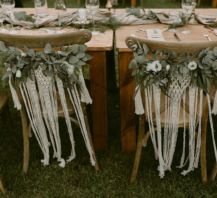 Macrame &amp; Greenery Chair Back Decor | Festoon Lit Outdoor Boho Wedding at Chateau le Tour, France | Adam and Grace Photography | Head and Heart Films