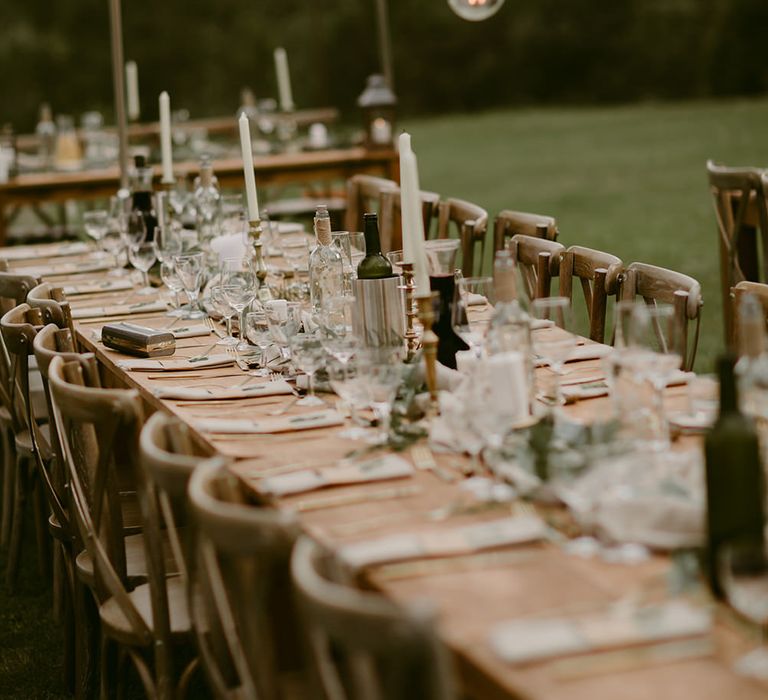 Trestle Tablescape | Festoon Lit Outdoor Boho Wedding at Chateau le Tour, France | Adam and Grace Photography | Head and Heart Films