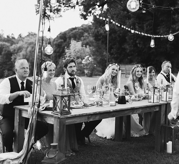 Bride in Daalarna Bridal Gown | Groom in Waistcoat | Festoon Lit Outdoor Boho Wedding at Chateau le Tour, France | Adam and Grace Photography | Head and Heart Films