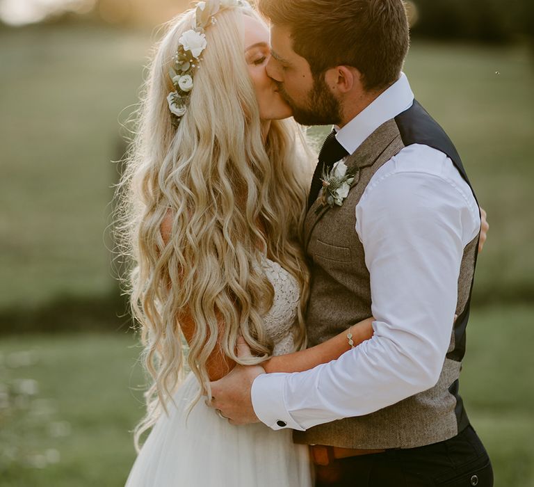 Bride in Daalarna Bridal Gown with Mermaid Hair | Groom in Waistcoat | Outdoor Boho Wedding at Chateau le Tour, France | Adam and Grace Photography | Head and Heart Films