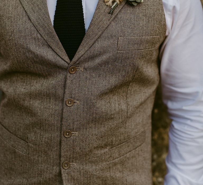 Groom in Waistcoat | Buttonhole | Outdoor Boho Wedding at Chateau le Tour, France | Adam and Grace Photography | Head and Heart Films