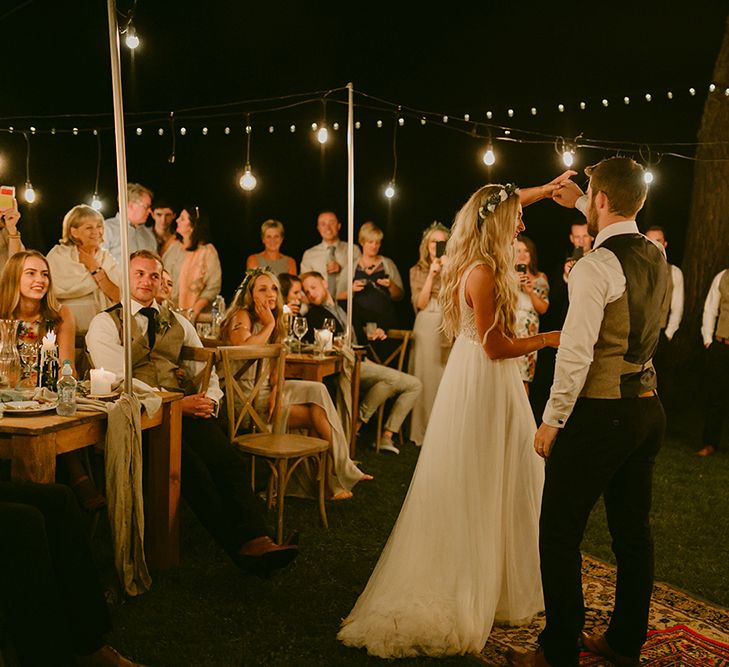 Bride in Daalarna Bridal Gown | Groom in Waistcoat | Festoon Light | Outdoor Boho Wedding at Chateau le Tour, France | Adam and Grace Photography | Head and Heart Films