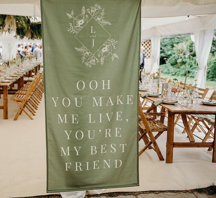 Sage green fabric wedding signs