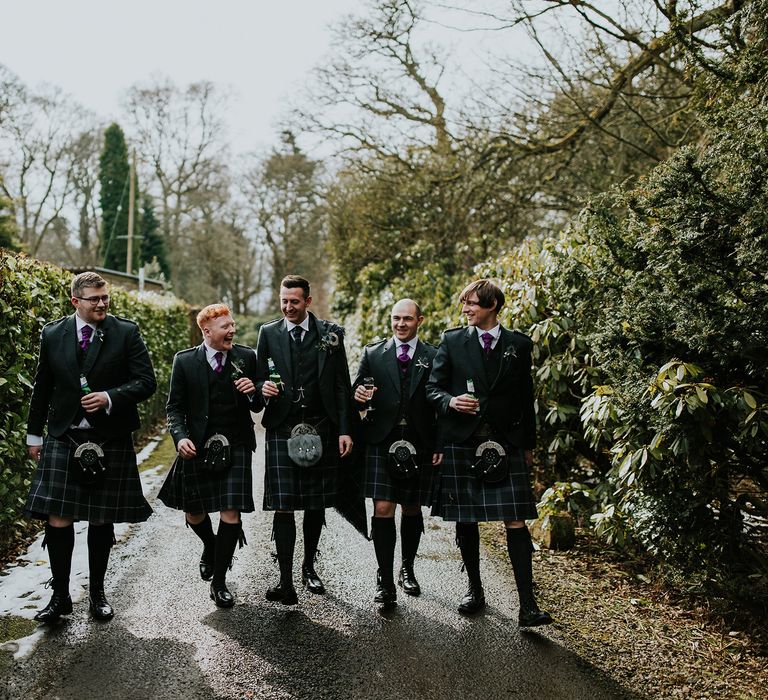 Groom &amp; Groomsmen In Kilts // Elegant Scottish Wedding At Kirknewton Stables With Lilac Colour Palette Semi Naked Wedding Cake And Images From Ross Alexander Photography