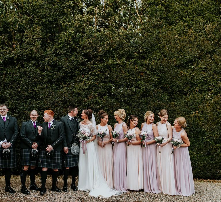 Groom &amp; Groomsmen In Kilts // Elegant Scottish Wedding At Kirknewton Stables With Lilac Colour Palette Semi Naked Wedding Cake And Images From Ross Alexander Photography