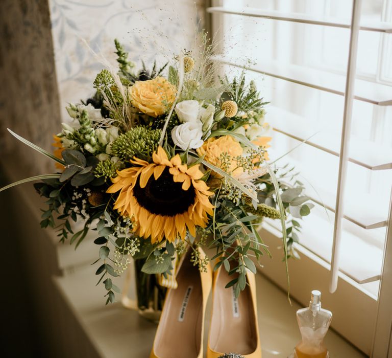 Yellow Manolo Blahnik Shoes and Sunflower Bouquet