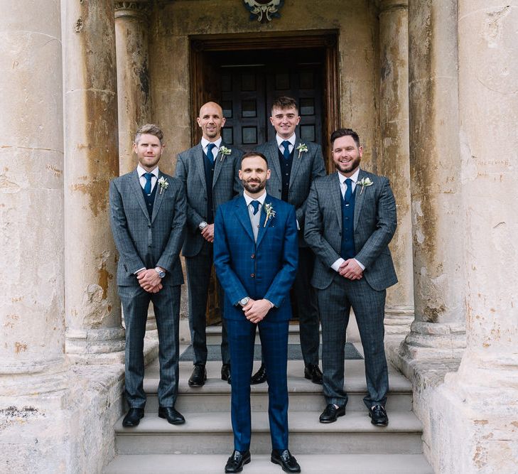 Groomsmen Portrait with Groom in Bespoke Navy Check Suit by Territo