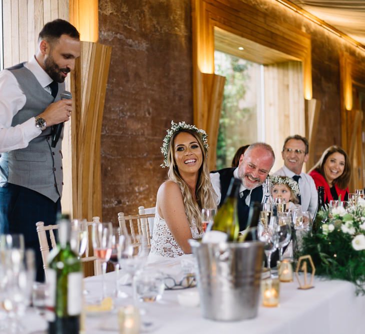 Groom in Bespoke Suit Giving his Wedding Speech at the Reception