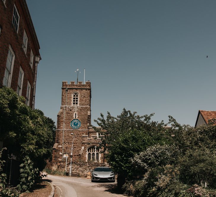 Church wedding ceremony with garden party