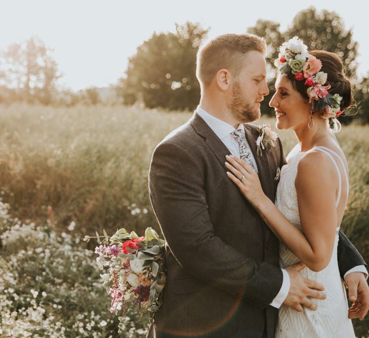 Flower crown for bride at garden wedding