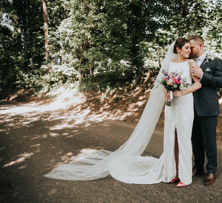 Bride and groom at garden wedding