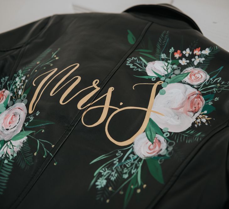 Customised Leather Jacket | Bridal Coverup | Pink Roll Top Booze Bath and Copper &amp; Perspex Wedding Decor at Industrial Venue The West Mill | Rosie Kelly Photography