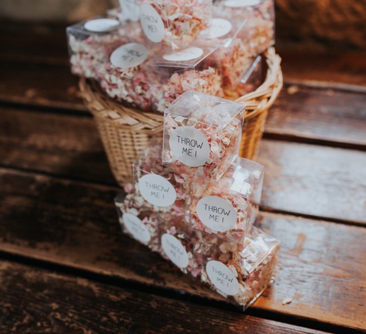 Confetti Boxes | Pink Roll Top Booze Bath and Copper &amp; Perspex Wedding Decor at Industrial Venue The West Mill | Rosie Kelly Photography