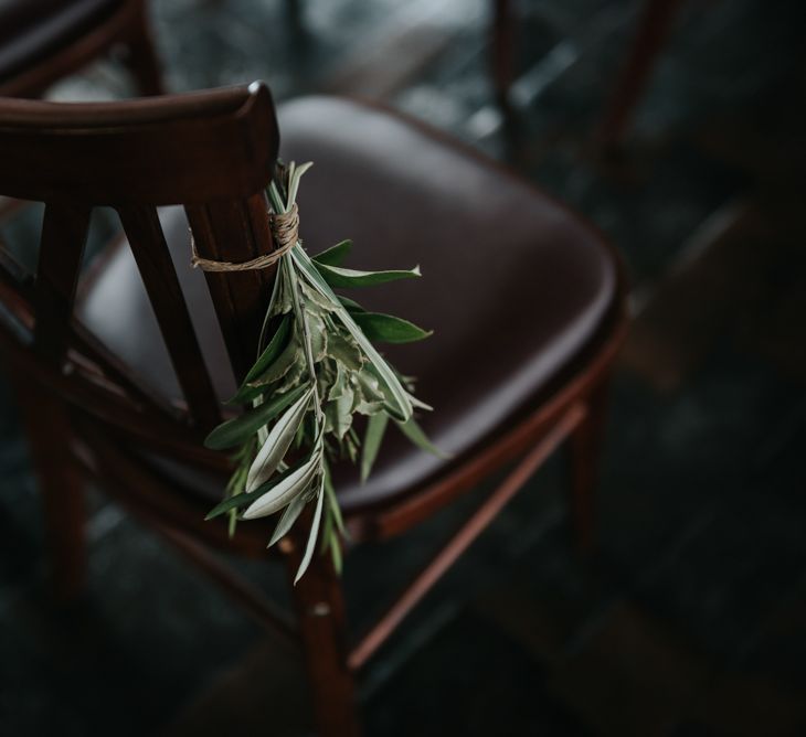 Greenery Chair Back Decor | Pink Roll Top Booze Bath and Copper &amp; Perspex Wedding Decor at Industrial Venue The West Mill | Rosie Kelly Photography