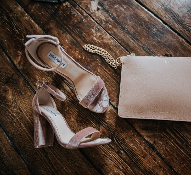 Pink Steve Madden Bridal Shoes &amp; Pouch | Pink Roll Top Booze Bath and Copper &amp; Perspex Wedding Decor at Industrial Venue The West Mill | Rosie Kelly Photography