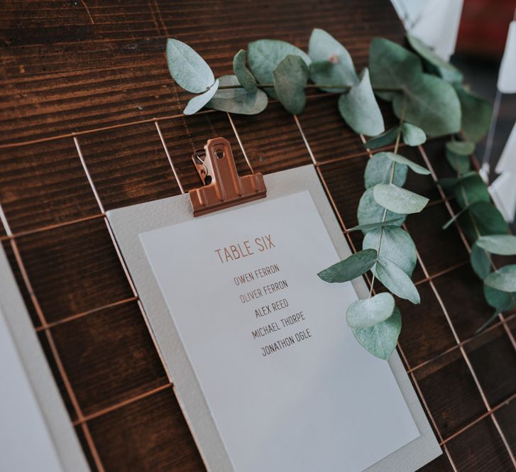 Copper Foil Wedding Stationery | Pink Roll Top Booze Bath and Copper &amp; Perspex Wedding Decor at Industrial Venue The West Mill | Rosie Kelly Photography