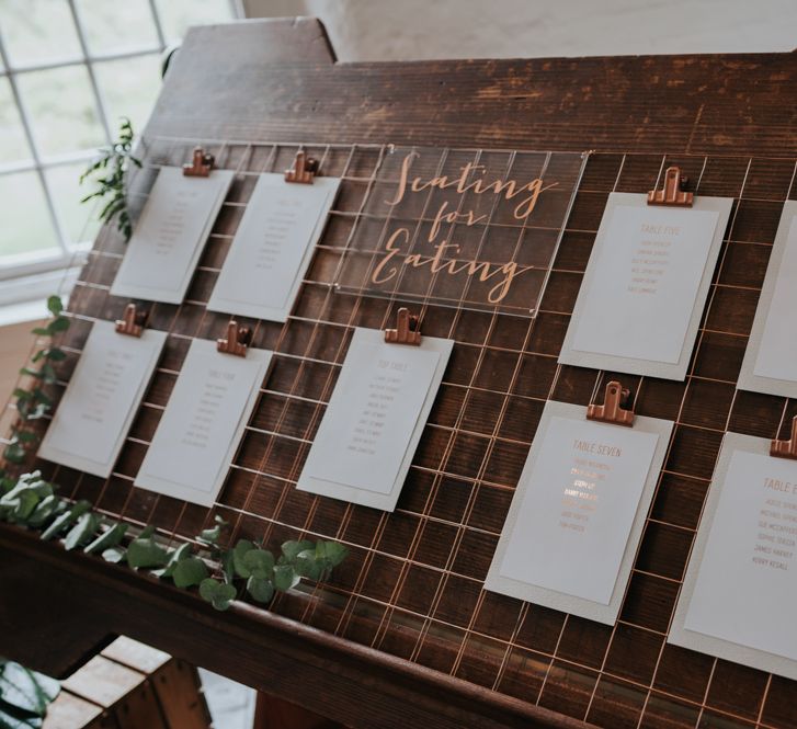 Copper Frame &amp; Acrylic Sign Table Plan | Wedding Decor | Pink Roll Top Booze Bath and Copper &amp; Perspex Wedding Decor at Industrial Venue The West Mill | Rosie Kelly Photography