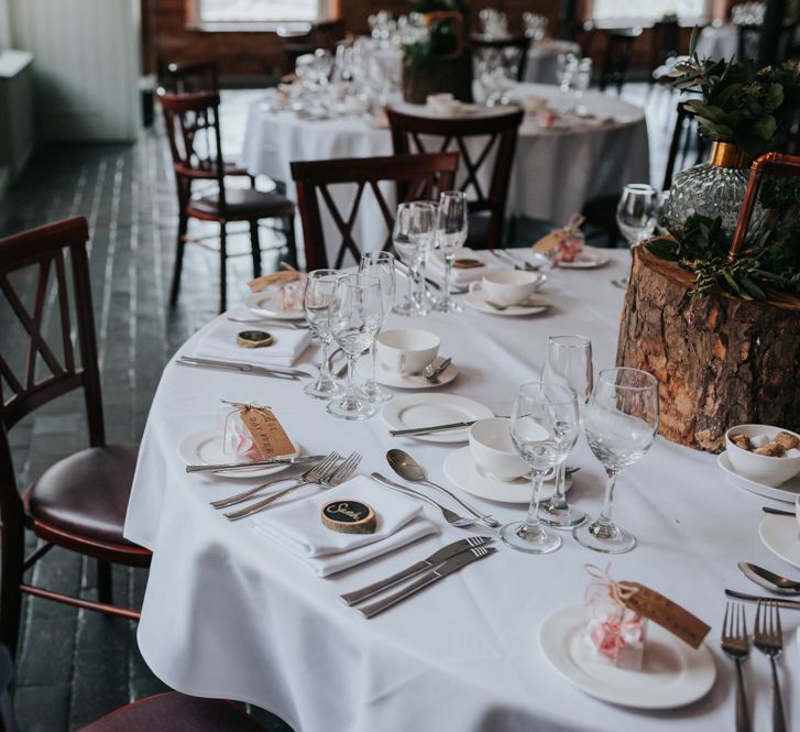 Wedding Reception Table Decor | Pink Roll Top Booze Bath and Copper &amp; Perspex Wedding Decor at Industrial Venue The West Mill | Rosie Kelly Photography