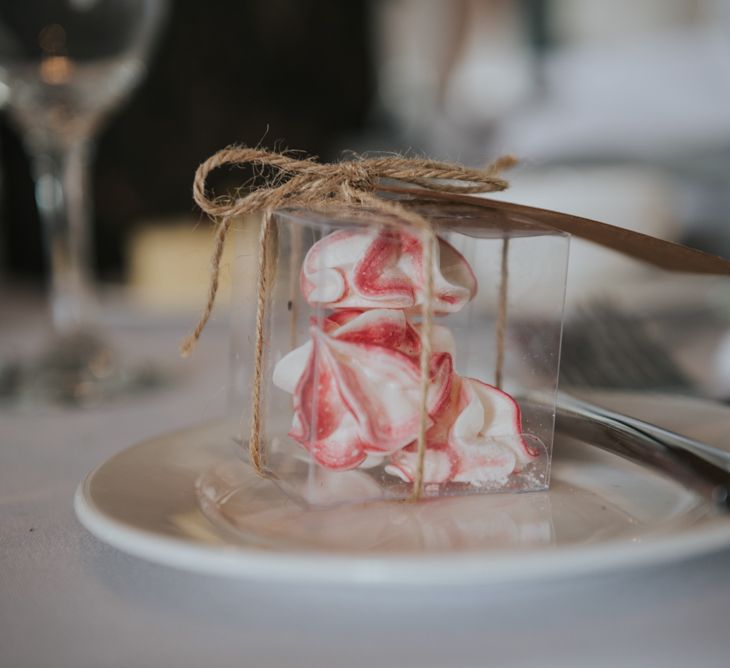 Meringue Kisses Wedding Favours | Pink Roll Top Booze Bath and Copper &amp; Perspex Wedding Decor at Industrial Venue The West Mill | Rosie Kelly Photography