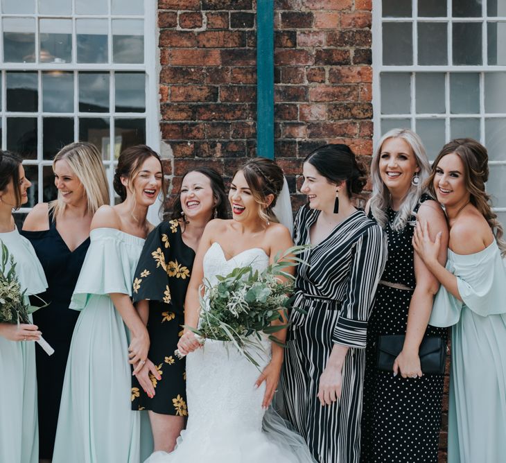 Best Girls | Bridesmaids in Mint Green Bardot Dresses from Sheln | Bride in Fishtail Allure Bridal Gown | Pink Roll Top Booze Bath and Copper &amp; Perspex Wedding Decor at Industrial Venue The West Mill | Rosie Kelly Photography