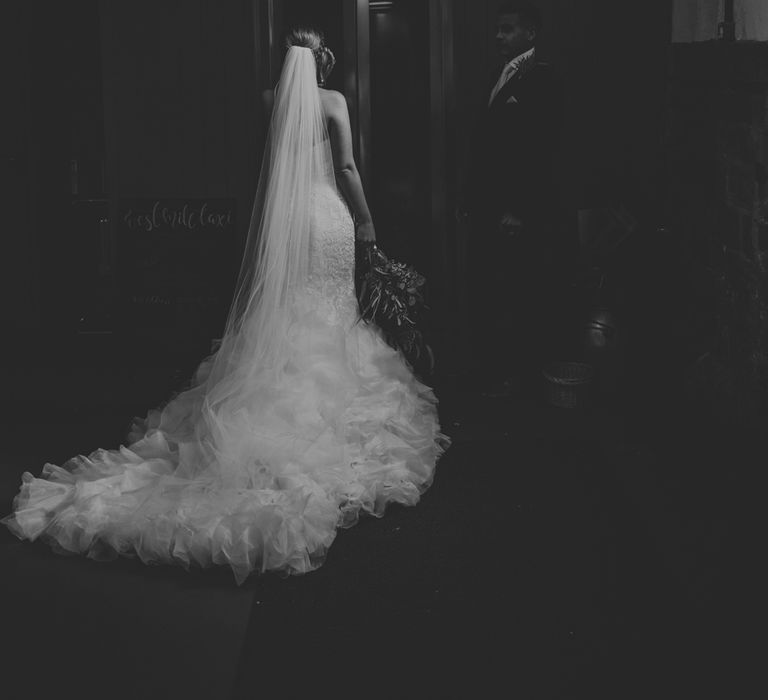 Bride in Fishtail Allure Bridal Gown | Groom in Navy Ted Baker Suit | Pink Roll Top Booze Bath and Copper &amp; Perspex Wedding Decor at Industrial Venue The West Mill | Rosie Kelly Photography