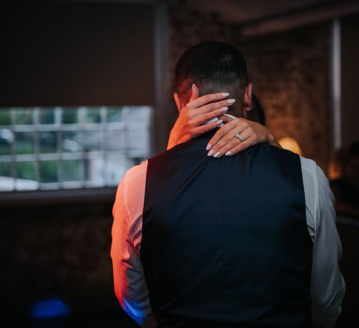 Nude Wedding Nails | Diamond Engagement Ring | Pink Roll Top Booze Bath and Copper &amp; Perspex Wedding Decor at Industrial Venue The West Mill | Rosie Kelly Photography