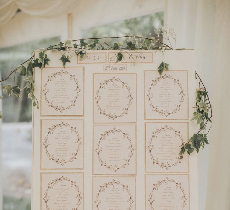 Elegant Table Plan For Wedding // Pink Ruffled Chair Covers For Romantic Pastel Pink Wedding At Dorton House With Bride In La Sposa And Images From Julia &amp; You Photography