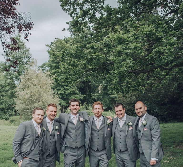 Groom &amp; Groomsmen In Moss Bros. // Pink Ruffled Chair Covers For Romantic Pastel Pink Wedding At Dorton House With Bride In La Sposa And Images From Julia &amp; You Photography