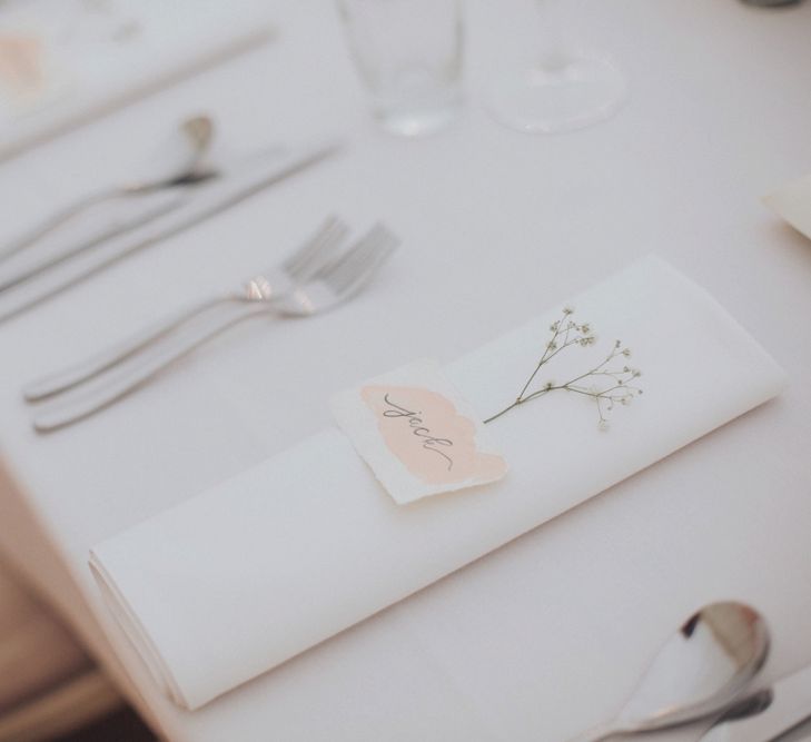 Romantic Place Setting For Wedding // Pink Ruffled Chair Covers For Romantic Pastel Pink Wedding At Dorton House With Bride In La Sposa And Images From Julia &amp; You Photography