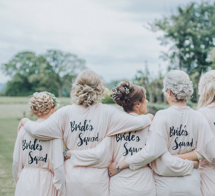 Brides Squad Robes // Pink Ruffled Chair Covers For Romantic Pastel Pink Wedding At Dorton House With Bride In La Sposa And Images From Julia &amp; You Photography