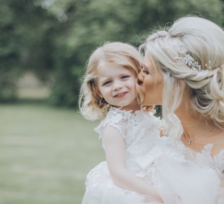 Bride With Flower Girl // Pink Ruffled Chair Covers For Romantic Pastel Pink Wedding At Dorton House With Bride In La Sposa And Images From Julia &amp; You Photography