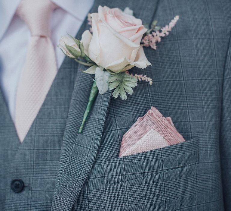 Pink Rose Buttonhole // Pink Ruffled Chair Covers For Romantic Pastel Pink Wedding At Dorton House With Bride In La Sposa And Images From Julia &amp; You Photography