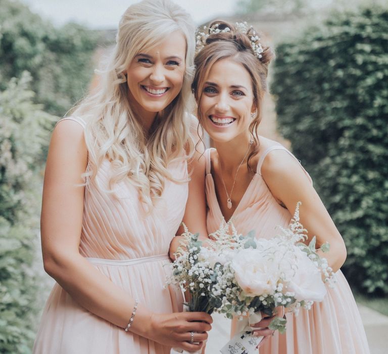 Bride &amp; Bridesmaid In Pink Dress // Pink Ruffled Chair Covers For Romantic Pastel Pink Wedding At Dorton House With Bride In La Sposa And Images From Julia &amp; You Photography