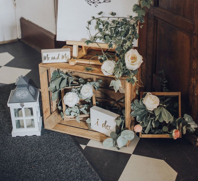 Rustic Welcome Sign For Wedding With Wooden Palettes &amp; Lanterns // Pink Ruffled Chair Covers For Romantic Pastel Pink Wedding At Dorton House With Bride In La Sposa And Images From Julia &amp; You Photography