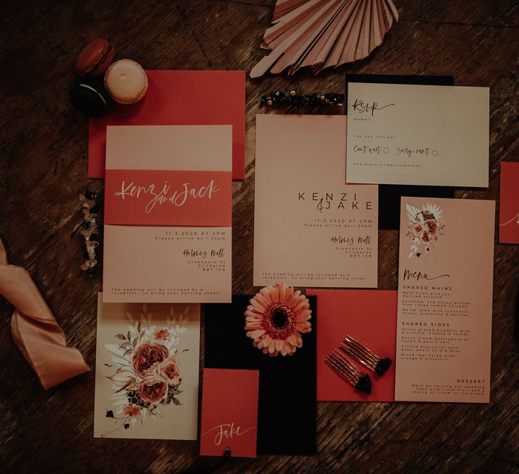 Blush pink wedding stationery designs by Wonderland Invites