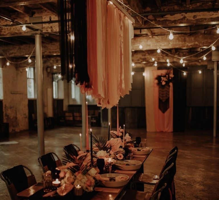 Table scape at Holmes Mill with ribbon installation