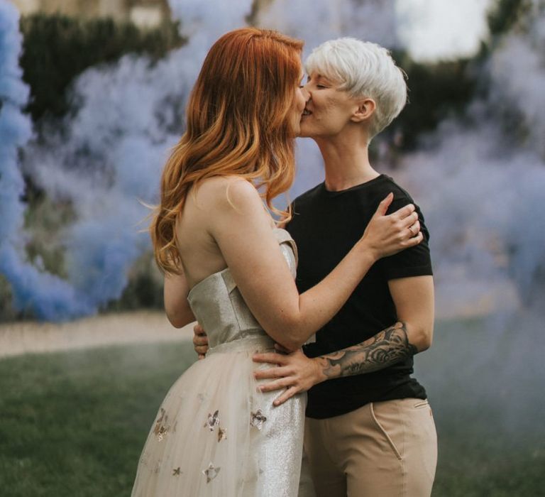 LGBTQ+ wedding photography with smoke bombs